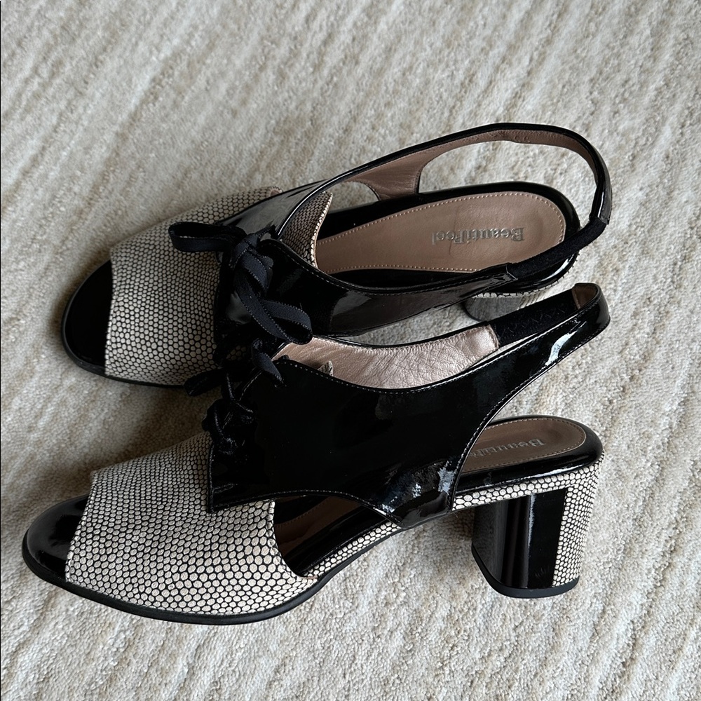 EUC Beautifeel Slingback Peep Toe Lace up Sandals Black Patent Dots EU 40 US 9.5